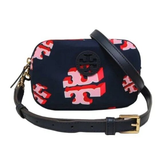 Tory Burch Crazy Logo Allover Print Blue Nylon Crossbody - Picture 3 of 7
